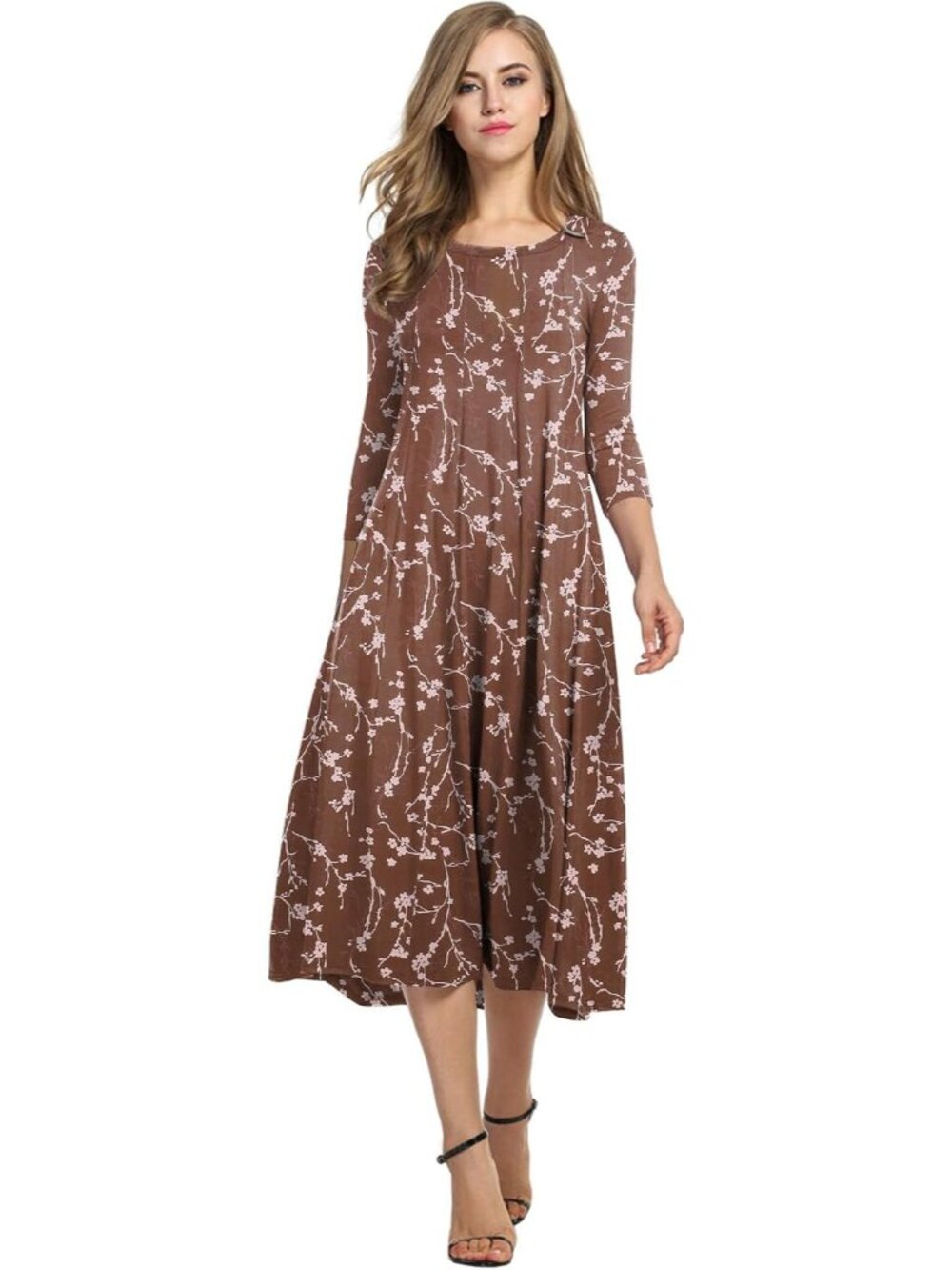 Women's 3/4 Sleeve A-line and Flare Midi Long Dress